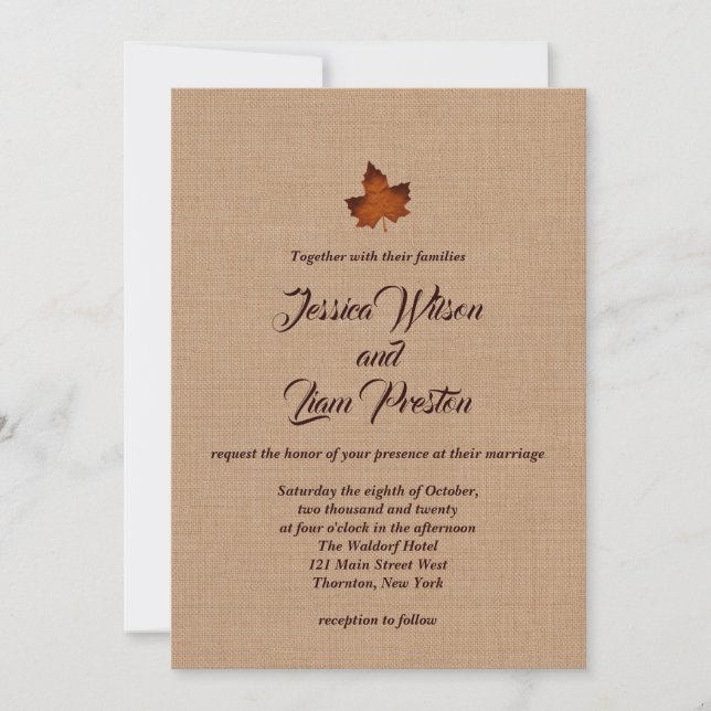 Orange Burlap Maple Leaf Hochzeit Einladung (Vorderseite)