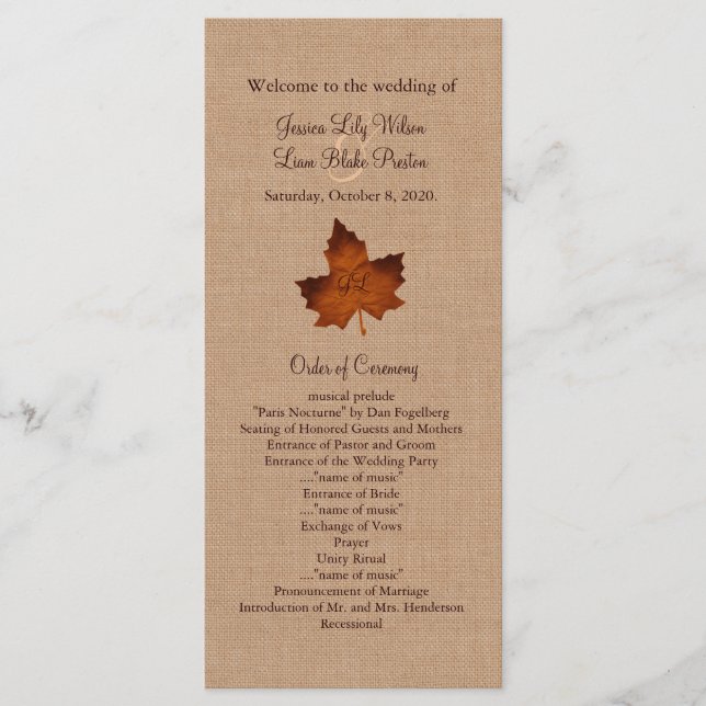 Orange Burlap Mit Monogramm Wedding Program Programm (Vorderseite)