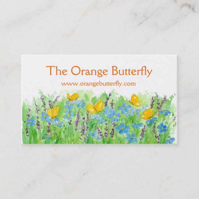 Orange Butterfly Business Card Blue Wildblume Art Visitenkarte (Vorderseite)