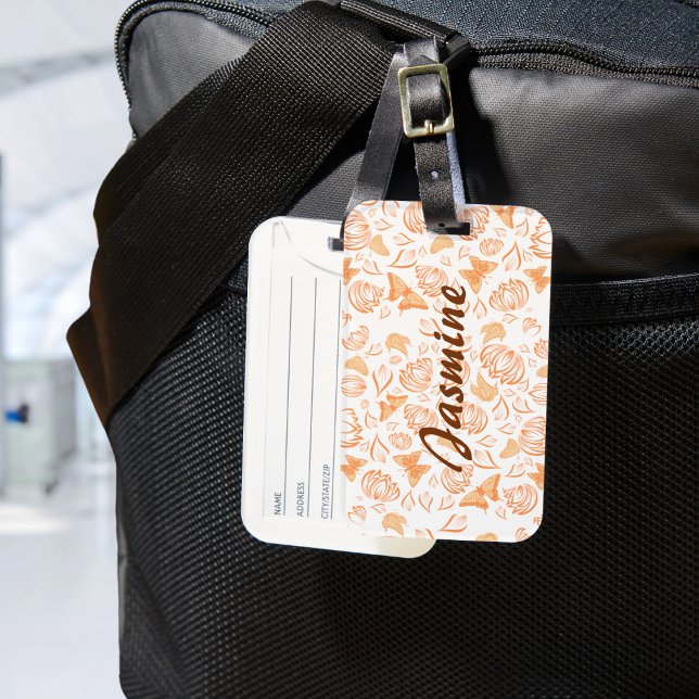 Orange Butterfly Floral Muster Custom Monogram Gepäckanhänger (Von Creator hochgeladen)