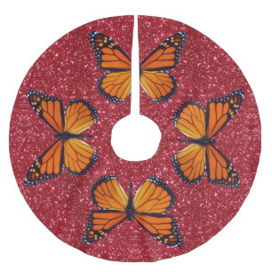 Orange Butterfly On Red Glitzer Tree Skirt Polyester Weihnachtsbaumdecke