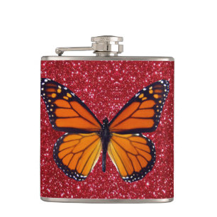 Orange Butterfly On Red Glitzern Flask Flachmann