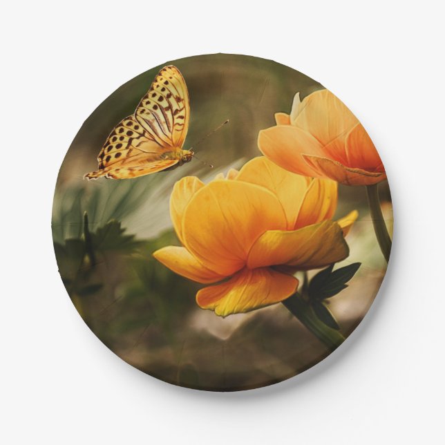 Orange Butterfly und Blume Pappteller (Vorderseite)