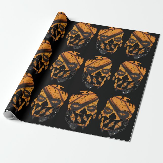 Orange Butterfly Wings Skulls Black Geschenkpapier (Ungerollt)