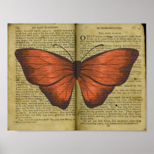 Orange Butterfly Zeichne auf der Alten Buchseite Poster