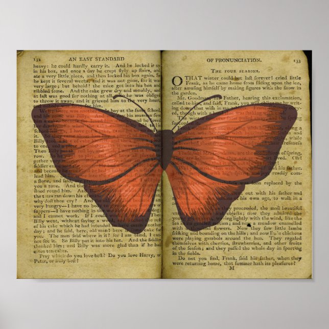Orange Butterfly Zeichne auf der Alten Buchseite Poster (Vorne)