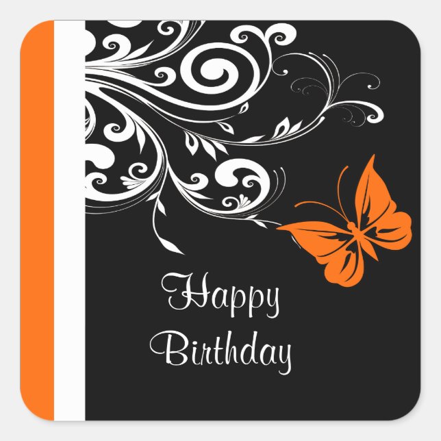 Orange Butterly Wirbel Happy Birthday Quadratischer Aufkleber (Vorderseite)