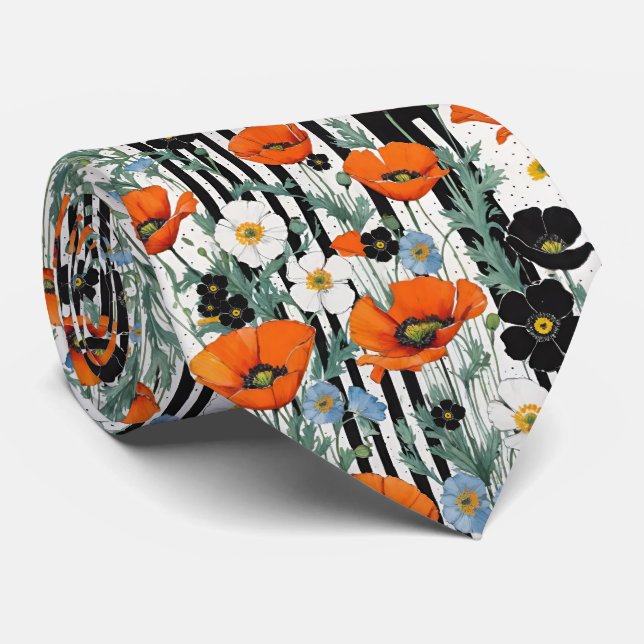Orange California Poppies & Black Stripes Krawatte (Gerollt)