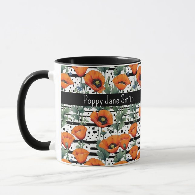 Orange California Poppies Schwarz-Weiß Streifen Tasse (Links)