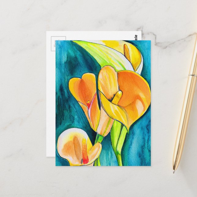 Orange Calla Lilie Blume Aquarellkunst Postkarte (Vorderseite/Rückseite Beispiel)