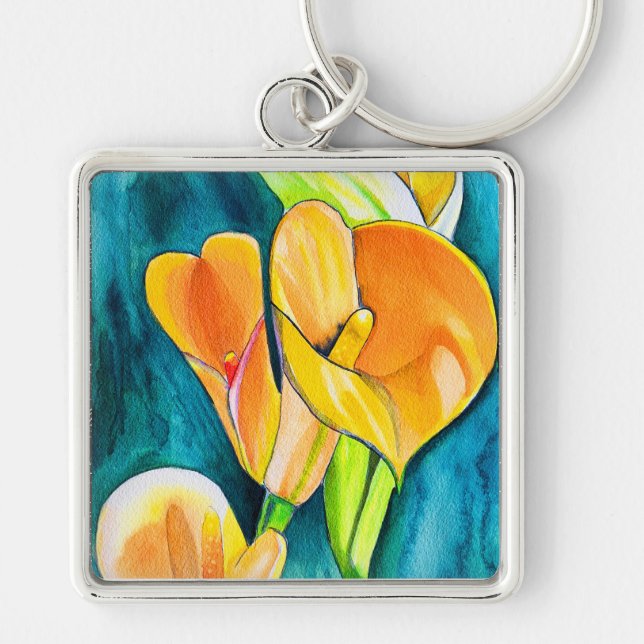 Orange Calla Lilie Blume Aquarellkunst Schlüsselanhänger (Vorne)