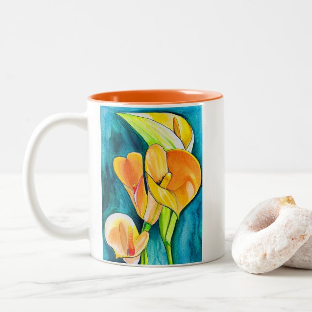 Orange Calla Lilie Blume Aquarellkunst Zweifarbige Tasse (Mit Donut)