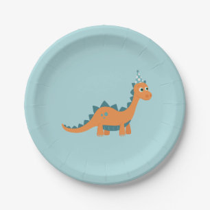 Orange Cartoon Dinosaurier mit Geburtstagsfeier Pappteller
