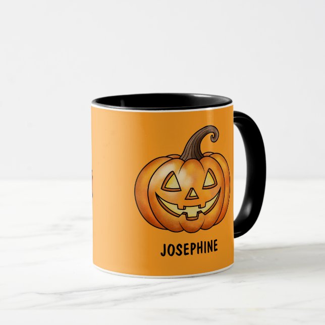 Orange Cartoon Pumpkin mit Individuelle Name Hallo Tasse (VorderseiteRechts)