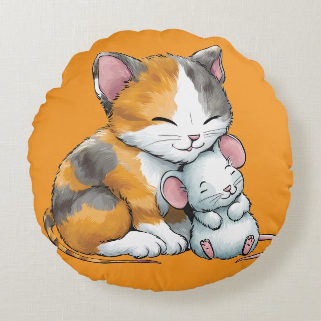 Orange cat and mouse friendship  rundes kissen (Vorderseite)