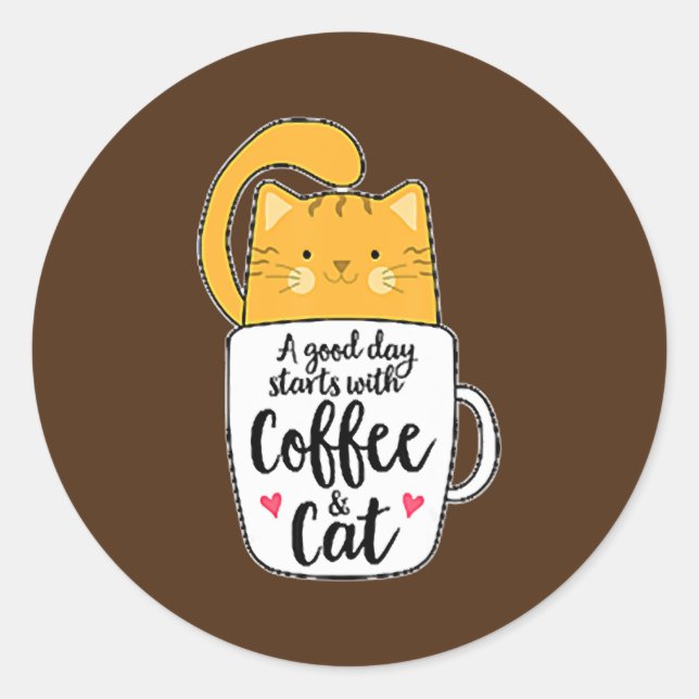 Orange Cat Coffee Niedlich Runder Aufkleber (Vorderseite)