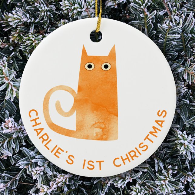 Orange Cat First Christmas Personalisiert Keramik Ornament (Fun watercolor orange ginger cat personalized first 1st Christmas ceramic ornament)