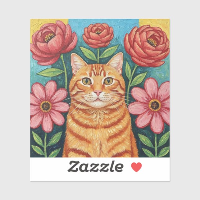 Orange Cat Folk Art Flowers Aufkleber (Blatt)