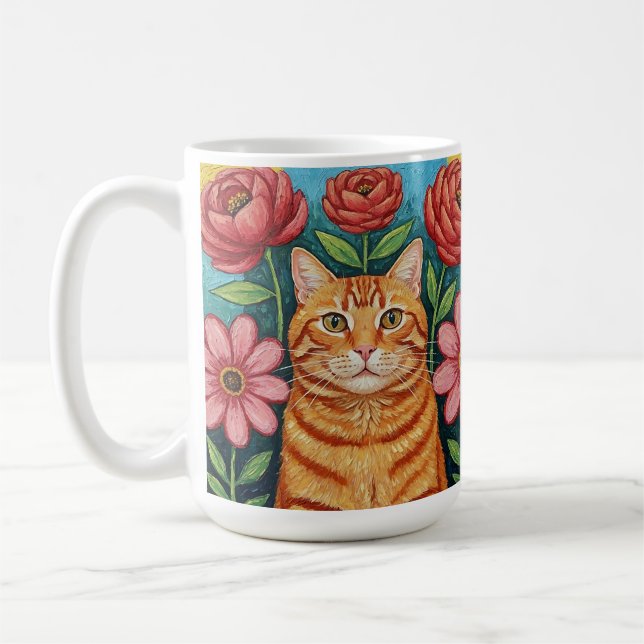 Orange Cat Folk Art Flowers Kaffeetasse (Links)