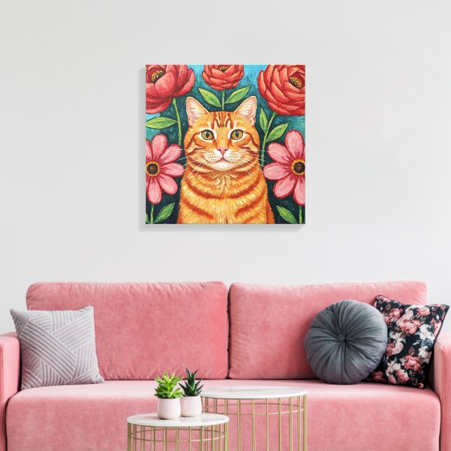 Orange Cat Folk Art Flowers Leinwanddruck (Insitu (Wohnzimmer))