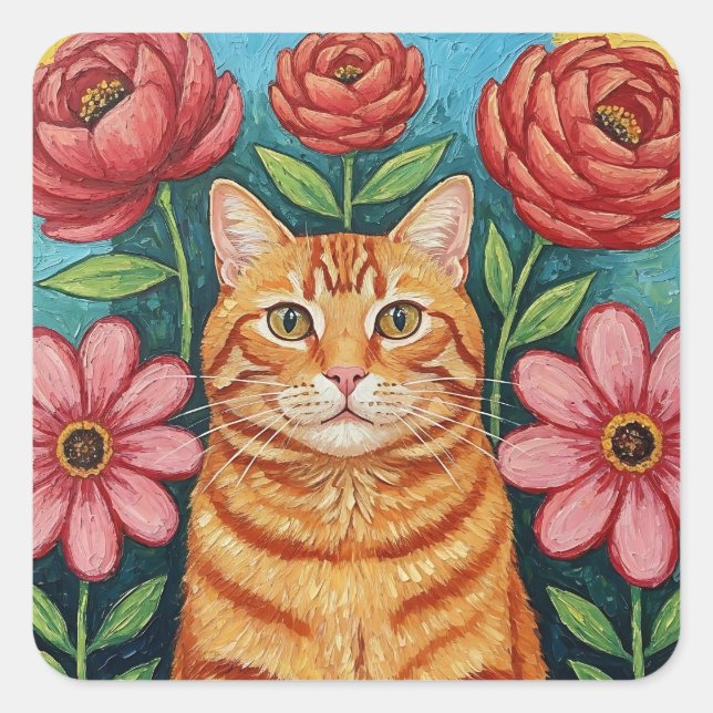 Orange Cat Folk Art Flowers Quadratischer Aufkleber (Vorderseite)