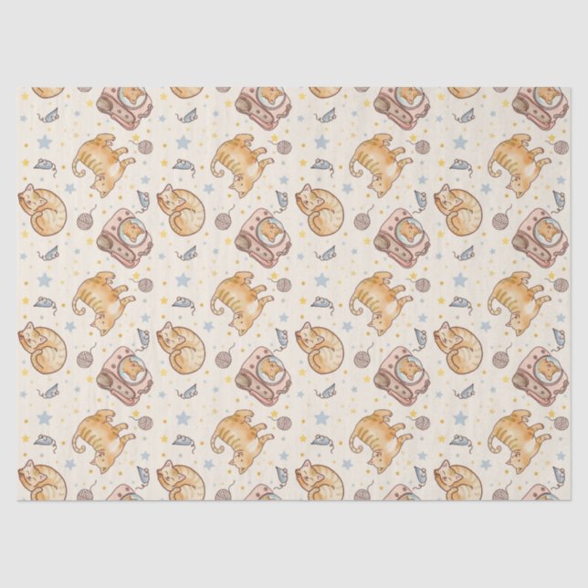 Orange Cat in a Backpack, Stars, and Yarn Seidenpapier (Vorderseite)