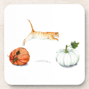 Orange Cat Jumping between Pumpkins Untersetzer