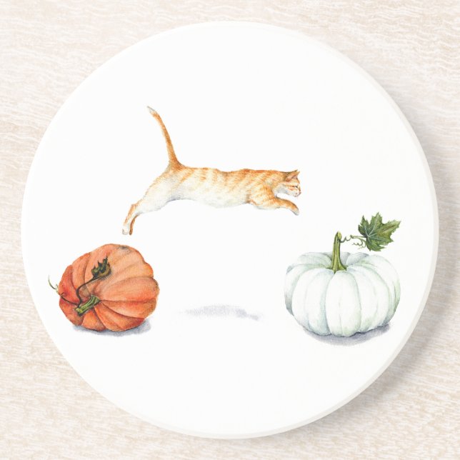 Orange Cat Jumping between Pumpkins Untersetzer (Vorne)