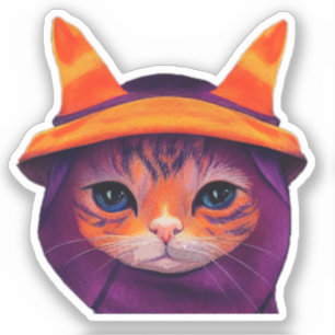 Orange Cat Lila Hexenhut Fantasy Halloween Aufkleber