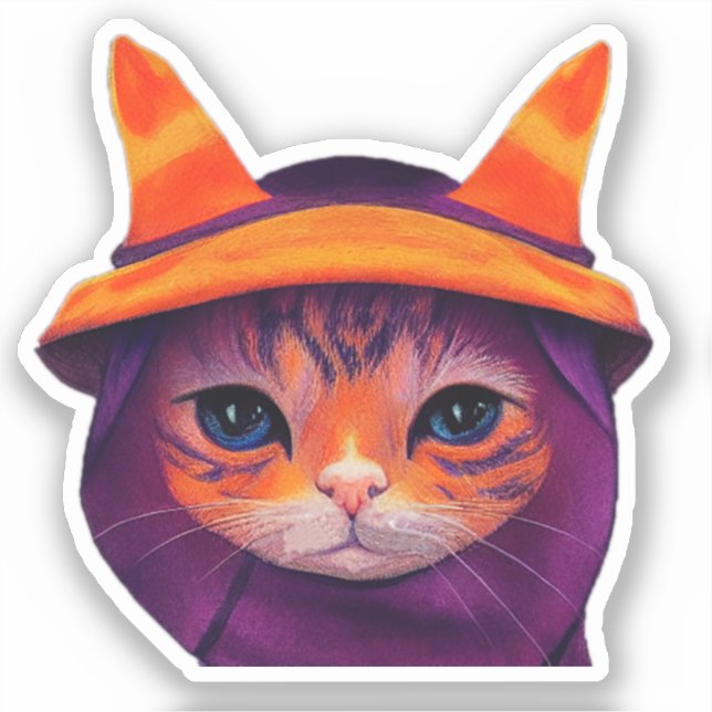 Orange Cat Lila Hexenhut Fantasy Halloween Aufkleber (Vorderseite)
