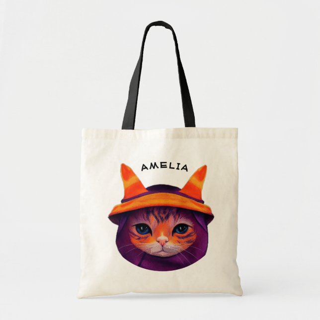 Orange Cat Lila Hexenhut Fantasy Halloween Tragetasche (Vorne)