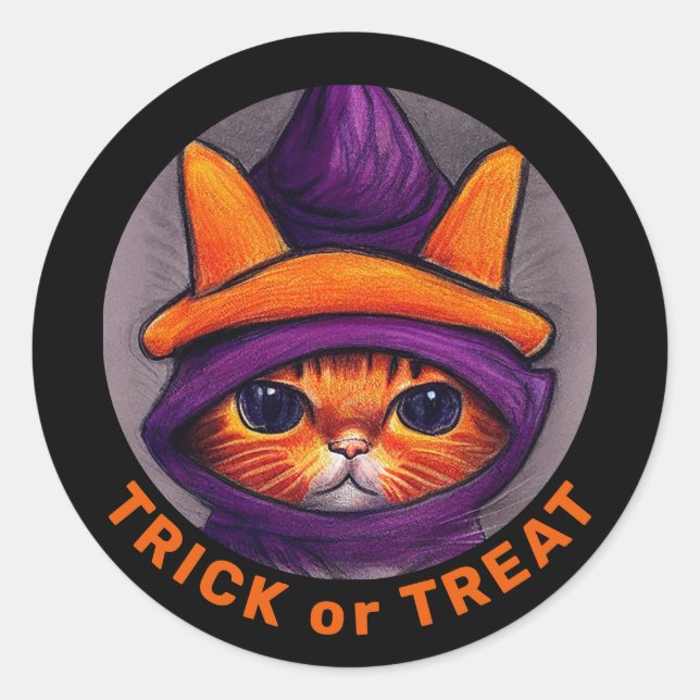 Orange Cat Lila Hexenhut Trick Leckerei Halloween Runder Aufkleber (Vorderseite)