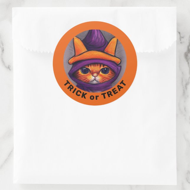 Orange Cat Lila Hexenhut Trick Leckerei Halloween Runder Aufkleber (Tasche)