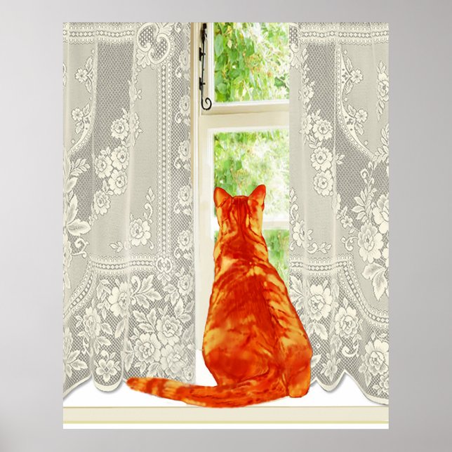 Orange Cat Looking out Window Traditionelle Kunst Poster (Vorne)