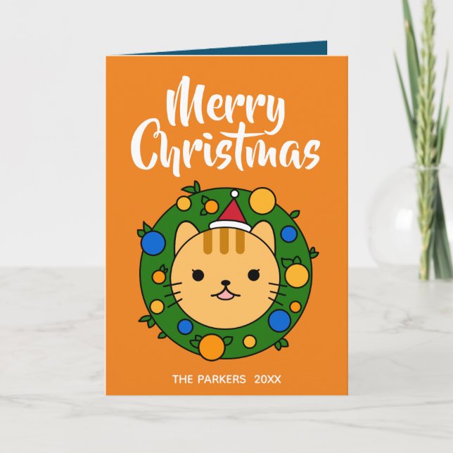 Orange Cat Wreath Orange | Frohe Weihnachten Foto (Vorderseite)