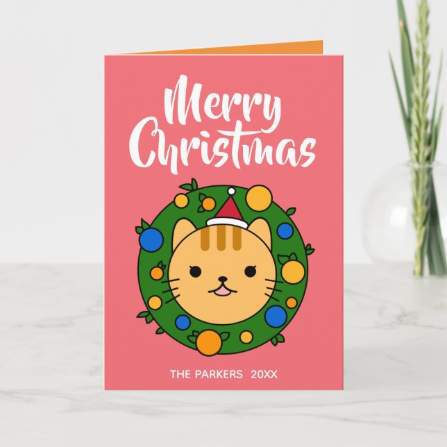 Orange Cat Wreath Pink | Frohe Weihnachten Foto (Vorderseite)