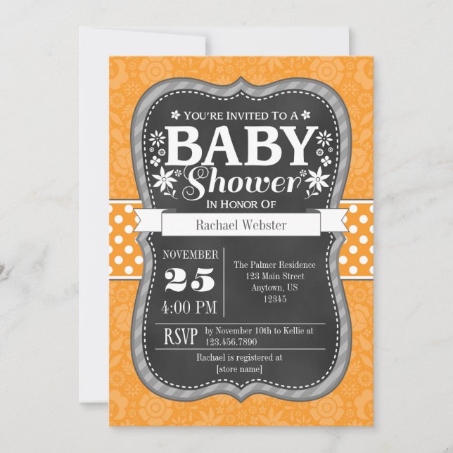 Orange Chalkboard Floral Baby Dusche einladen Einladung (Vorderseite)