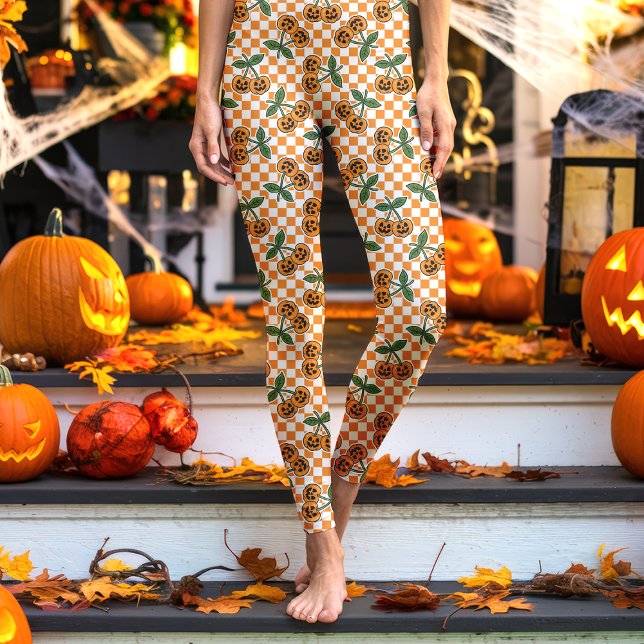 Orange Checkerboard Cherry Pumpkins Muster Leggings (Von Creator hochgeladen)