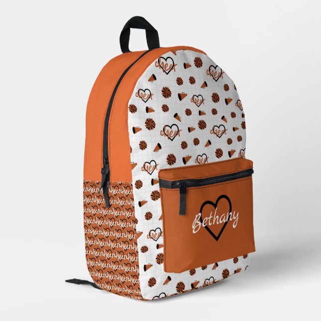 Orange Cheer Hearts, Pom Poms, Megaphon Bedruckter Rucksack (Rückseitige Ecke links)