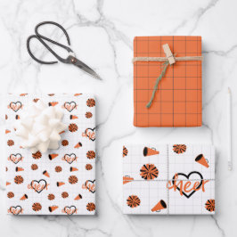 Orange Cheer Hearts, Pom Poms, Megaphone Muster Geschenkpapier Set