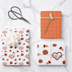 Orange Cheer Hearts, Pom Poms, Megaphone Muster Geschenkpapier Set