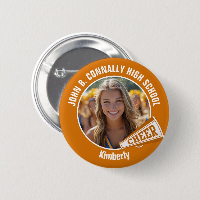Orange Cheerleader Foto High School Spirit Cheer Button (Vorne & Hinten)