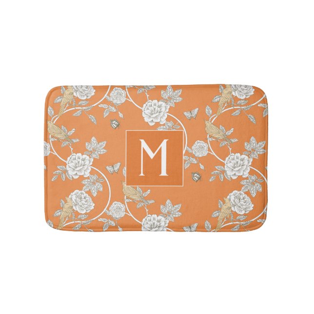 Orange Chinoiserie Floral Monogram Badematte (Vorderseite)