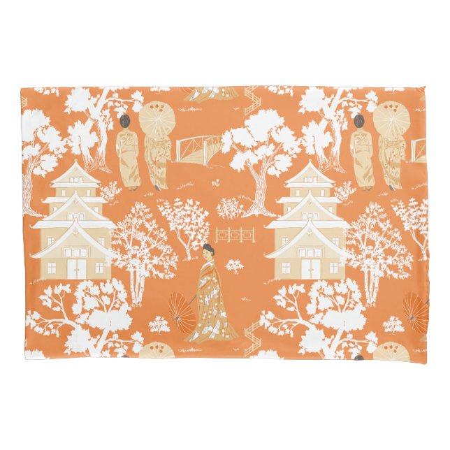 Orange Chinoiserie Pagodas Kissenbezug (Vorderseite)