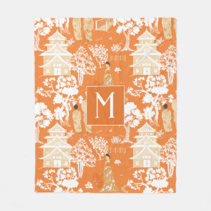 Orange Chinoiserie Pagodas Monogram Fleecedecke
