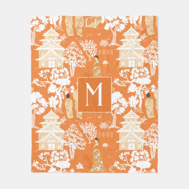 Orange Chinoiserie Pagodas Monogram Fleecedecke (Vorderseite)