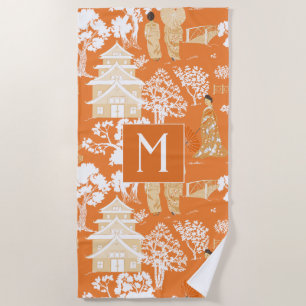 Orange Chinoiserie Pagodas Monogram Strandtuch