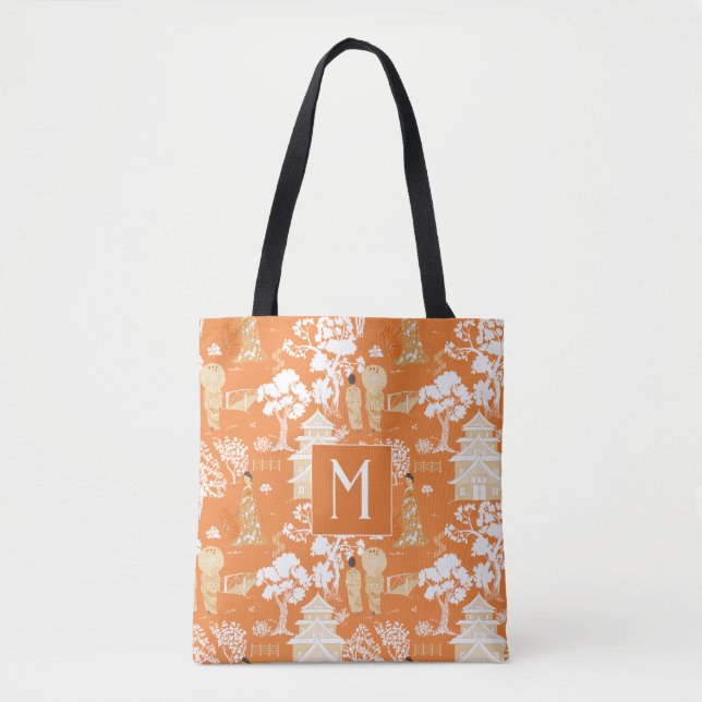 Orange Chinoiserie Pagodas Monogram Tasche (Vorderseite)