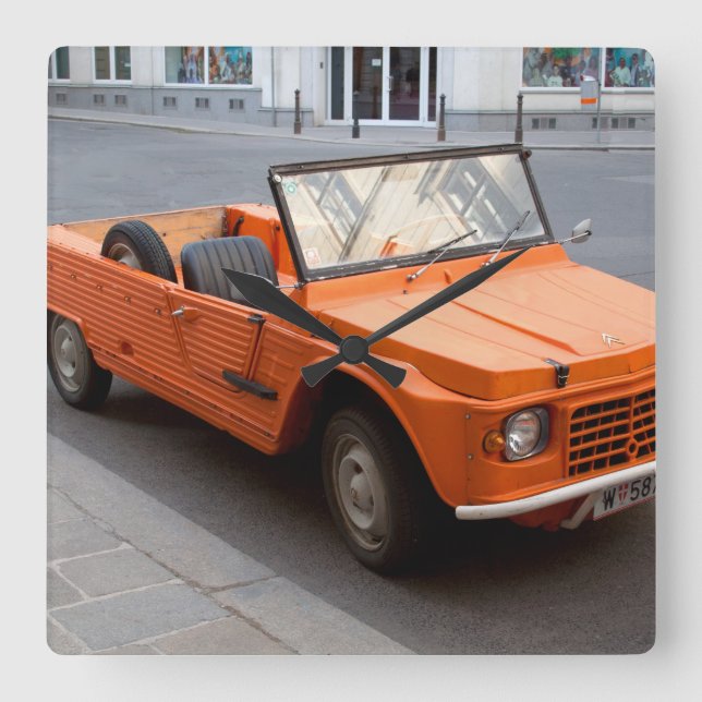 Orange Citroen Mehari Quadratische Wanduhr (Vorderseite)