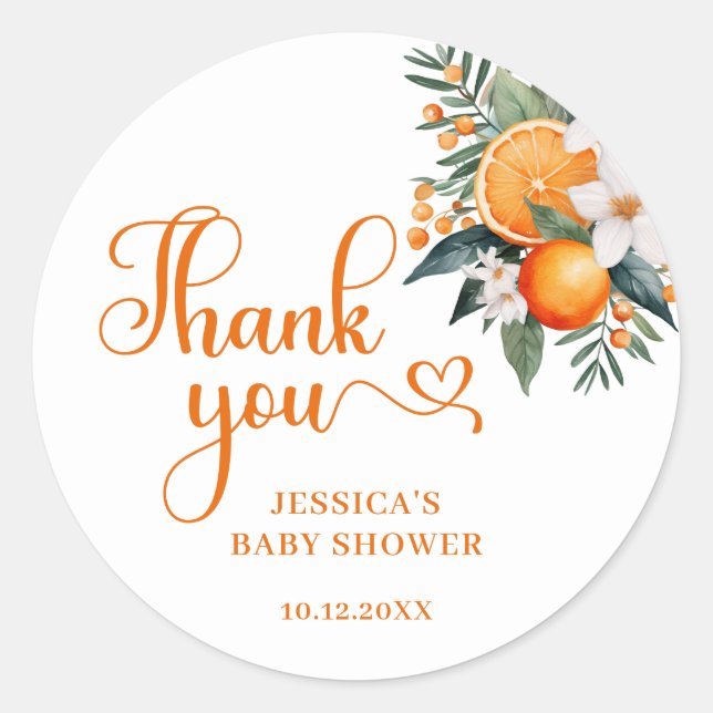 Orange Citrus Baby Shower Gevor Runder Aufkleber (Vorderseite)